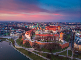 Aerial view of the Wawel Castle in Cracow in sunset time - obrazy, fototapety, plakaty