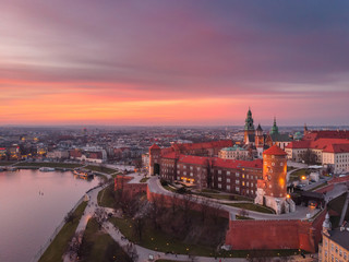 Aerial view of the Wawel Castle in Cracow in sunset time