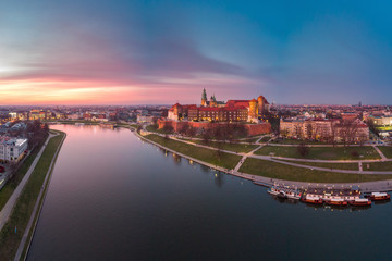Fototapeta na wymiar Aerial view of the Wawel Castle in Cracow in sunset time
