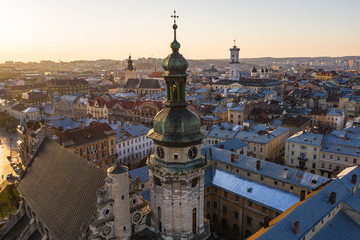 Aerial view on Bernardine church in Lviv from drone