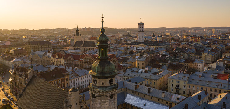 Aerial view on Bernardine church in Lviv from drone