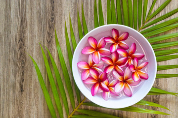 Obraz na płótnie Canvas Beautiful plumeria flowers float in a vase with water against the background of a palm leaf. Spa concept, beauty cosmetics, relaxation, tropical vacation. Pink exotic flowers on wooden background