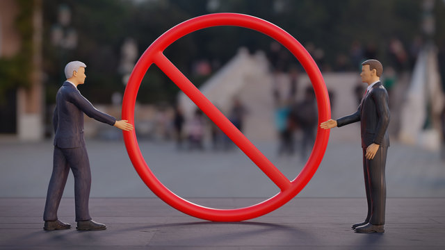 social distancing concept, virus infection prevention measures demonstration, business men in the city