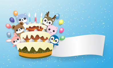 rabbit, bear,penguin,pig,raindeer and dog behide a cake happy birthday to you with colorful balloon . On the blue backgroundcopy space