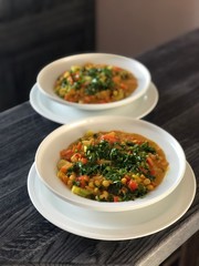 Vegan veggie coconut lentil and pea stew