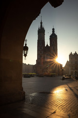 Sunrise in Main Square to St Mary's Church Cracow, Poland, october 22.2019