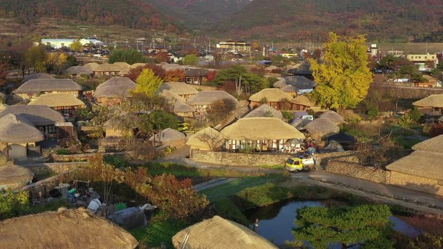 Traditional Korean Naganeupsong Folk Village, aerial lower shot