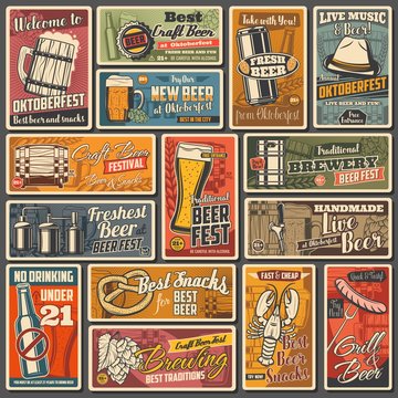 Beer alcohol drink retro posters of bar, pub and Oktoberfest beverage vector design. Glasses and mugs with foam, pint, bottles and brewery barrels of craft lager or ale, hops, malt, barley and wheat