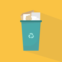 Sorting reusable garbage. Paper litter collected for recycling in trashbin on color background, illustration