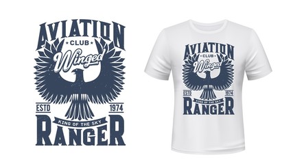 Eagle bird vector mockup of aviation club t-shirt print design. Black eagle, hawk or falcon with raised wings, custom apparel print of aircraft, flying or aero club with heraldic animal and letterings