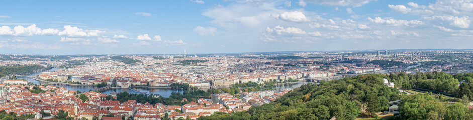 Panorama of Prague with the Vltava, the bridges and the old town