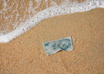 A grey face mask is left abandoned on the beach. It must be disposed in a proper hazardous waste bin, preventing germs spread. 