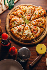 Seafood Italian Pizza on wooden table