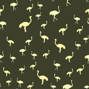 Ostriches silhouettes seamless pattern. Vector illustration on a dark background.