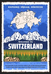 Switzerland travel and tourism vector design with map of Swiss Confederation, Alpine mountains and lake with forest trees and village houses, Welcome to Switzerland, Alpine resort, travel tour themes