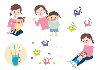 母親に仕上げの歯磨きをしてもらう子供、乳幼児。虫歯菌。歯ブラシ。