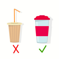 Zero waste. Disposable cup versus reusable cup on white background, creative illustration