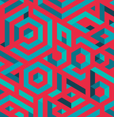 Seamless abstract pattern with triangles and hexagons and line. Bright color. Illusion 3d. Hexagonal elements