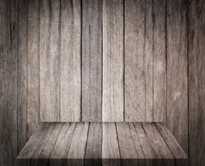 Empty vintage old brown wood Shelf Table with wooden wall. background is for backdrop design. for montage of your product