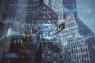 Forex chart on cityscape with tall buildings background multi exposure. Financial research concept.