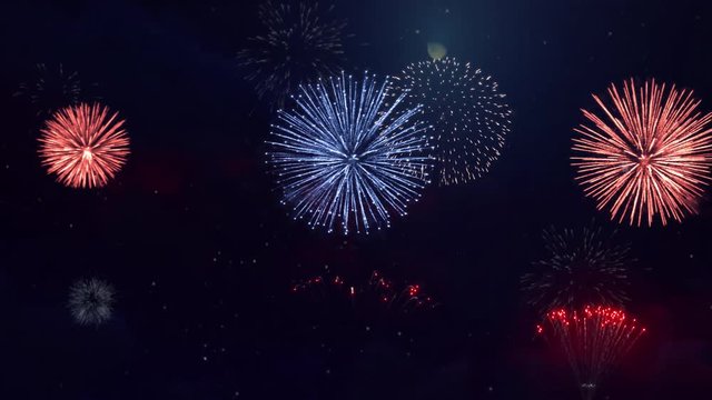 Abstract golden fireworks explosion on Sky Loop Animation Background. Birthday, Anniversary, Celebration, Holiday, new year, Party, Invitation, Christmas, festival, greeting, Diwali, Wedding, event