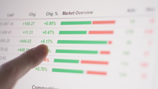 Brokers analysts point their finger at the screen Graph of crypto currency online. Quotes of eth and btc at stock exchange. Stock exchange market chart of ethereum. app on the screen of laptop or pc.