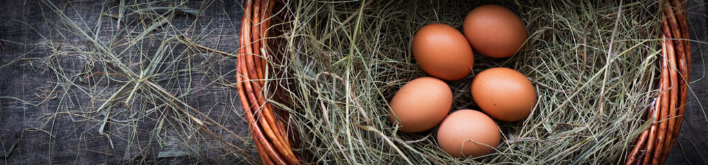 Five chicken eggs in a basket with straw for Easter, rustic style, table, top view, copy space left, horizontal