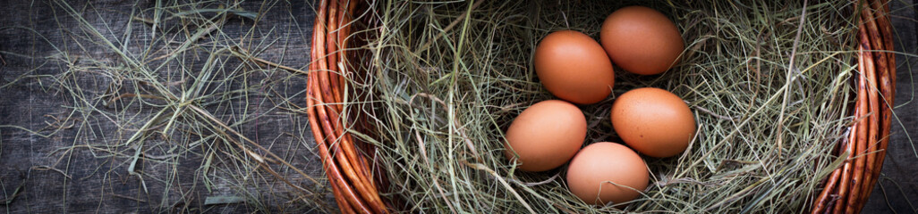 Five chicken eggs in a basket with straw for Easter, rustic style, table, top view, copy space...