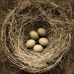 Five chicken eggs in a basket with straw for Easter, rustic style, table, top view, toned antique, square