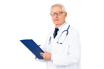 Elderly male doctor portrait at isolated white background