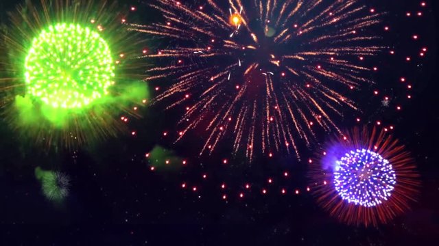 Abstract Big Fireworks Explosion Particles Loop Animation Background. Birthday, Anniversary, Celebration, Holiday, new year, Party, Invitation, Christmas, festival, greeting, Diwali, Wedding, event