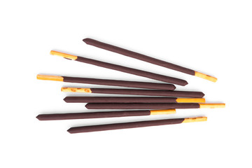 chocolate biscuit stick isolated on white background, top view