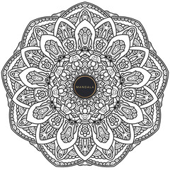 Mandala, tracery round boho doodle. Ethnic ornament, sketched symmetry. Folk, meditation design. Curved shape, isolated on white. Black and white art. Vector