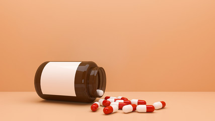Medicine, pharmacy and health concept. 3D Rendering.pile of colorful pills, Antibiotic symbol. Pharmaceutical medical treatment healthcare concept. Healthcare, medicine. Medicine collection set.