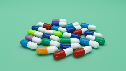 Medicine, pharmacy and health concept. 3D Rendering.pile of colorful pills, Antibiotic symbol. Pharmaceutical medical treatment healthcare concept. Healthcare, medicine. Medicine collection set.