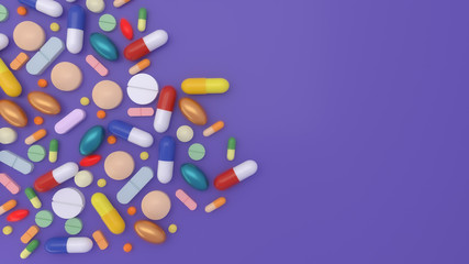 Medicine, pharmacy and health concept. 3D Rendering.pile of colorful pills, Antibiotic symbol. Pharmaceutical medical treatment healthcare concept. Healthcare, medicine. Medicine collection set.