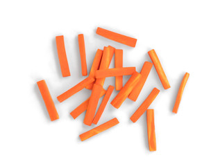 julienned carrot sticks isolated on white background, top view