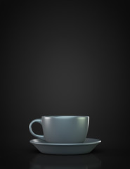 Black mug with saucer on a black background. With copyspace.