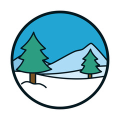 Fototapeta premium Pine trees and snow line and fill style icon vector design
