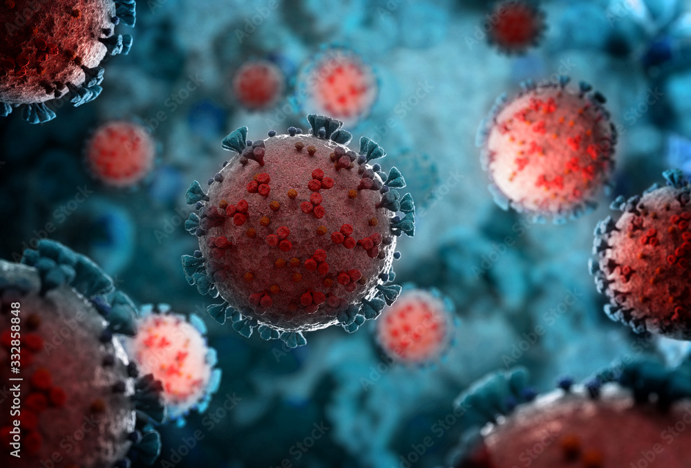 Poster microscope close-up of the coronavirus covid-19 disease. 2019-ncov spreading in body. 3d rendering o