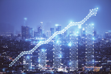 Financial graph on night city scape with tall buildings background double exposure. Analysis concept.