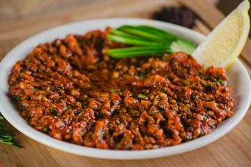 assorted Turkish dishes, hummus, muhamara, mutabal, falafel, shawarma