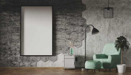 Picture template in the industrial living room with wooden parquet and mint furniture. decorative wall with hexagonal tiles with a concrete texture