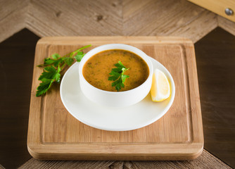 Soup of bulgur and lentils with smoked lamb ribs lentil soup Turkish food