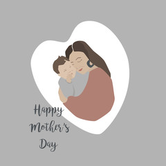 Happy Mother's Day. Beautiful vector stylish illustration of mum and son on heart shaped background. Flat style. - 332859626