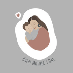 Happy Mother's Day. Beautiful vector stylish illustration of mum and child. Flat style. Minimalist. Motherhood concept. Greeting card template.
