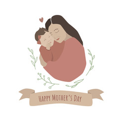 Happy Mother's Day. Beautiful vector stylish illustration of mum and dauter. Hand drawn plants ornament decoration. Flat style.