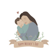 Happy Mother's Day. Beautiful vector stylish illustration of mum and son with ribbon title and doodle plants. Motherhood concept. Family Love.Flat style.