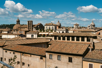 View of the ancient city center of Rome. Ruins, tourist places of Rome, coliseum, Roman forum. The cultural heritage of ancient Italy.