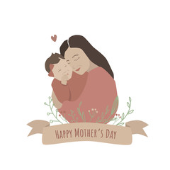 Happy Mother's Day. Beautiful vector stylish greeting card of mum and daughter with ribbon title and doodle plants ornament. Motherhood concept.  Flat style illustration. Family Love.Flat style.